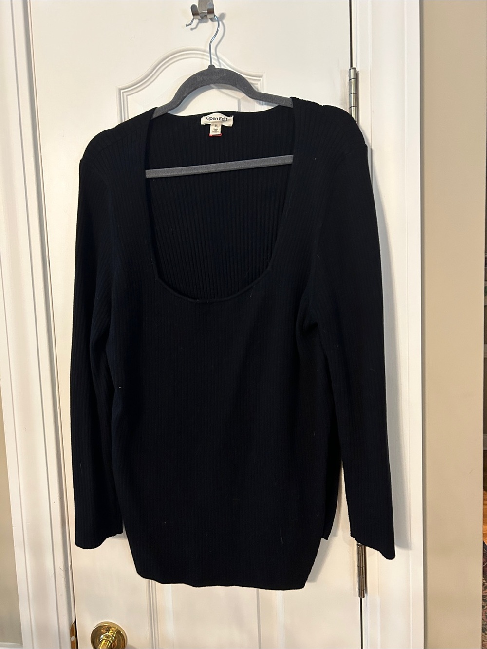 Open Edit Women’s Black Ribbed Square Neck Sweater